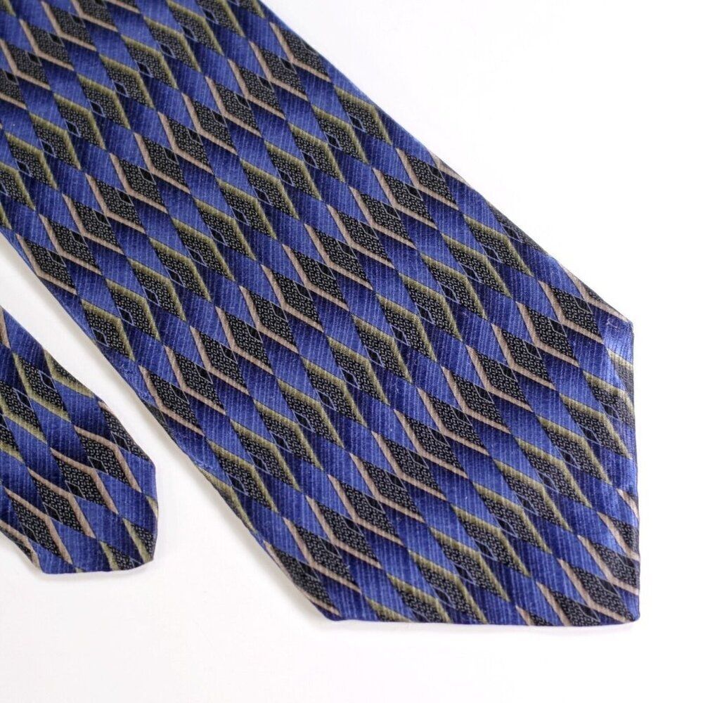 Roundtree & Yorke Blue Green Abstract Print Wide Silk Tie Handmade In USA